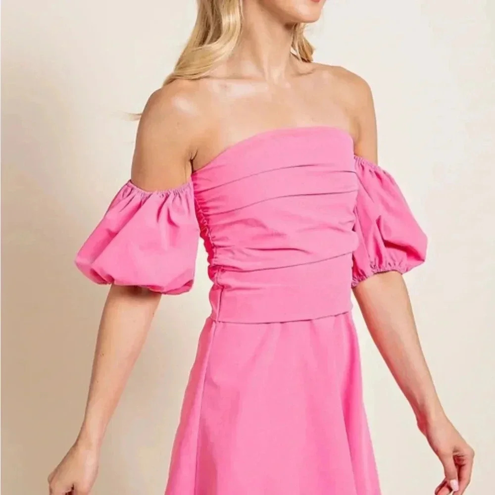 Glam Womens Medium Pink Off Shoulder Puffy Sleeves Dress NWT